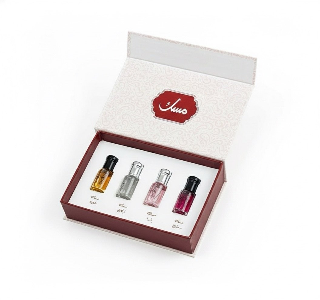 مجموعة المسك (مسك خمرة-مسك يارا-مسك الطهارة-مسك رمان) + شنطة هدايا